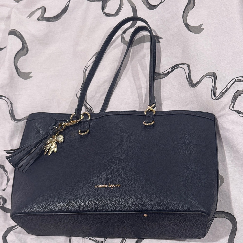 Nanette Lepore Brand New Navy Tote Bag with Gold Accents (has a bag charm on it)
